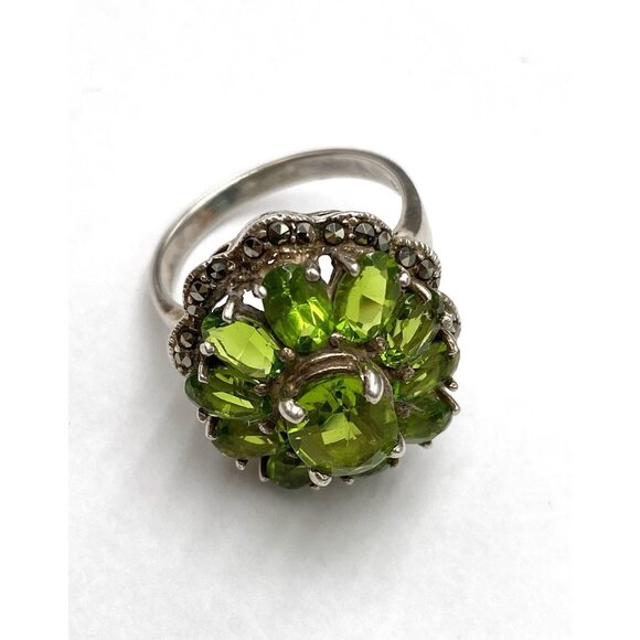 925 Jewelry - 925 Ring Sterling Silver 9 Green Glass Cocktail Vintage Chunky Marcasites FLAW